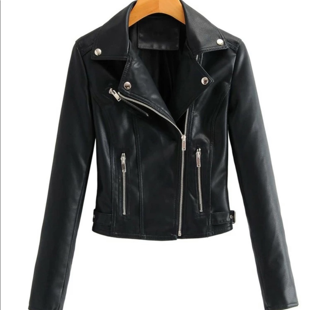 black leather moto jacket vegan biker motorcycle - Picture 1 of 3